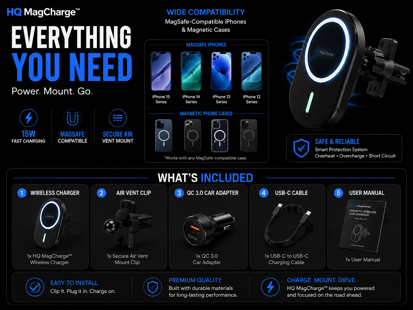 HQ MagCharge™ 360° Wireless Car Charger